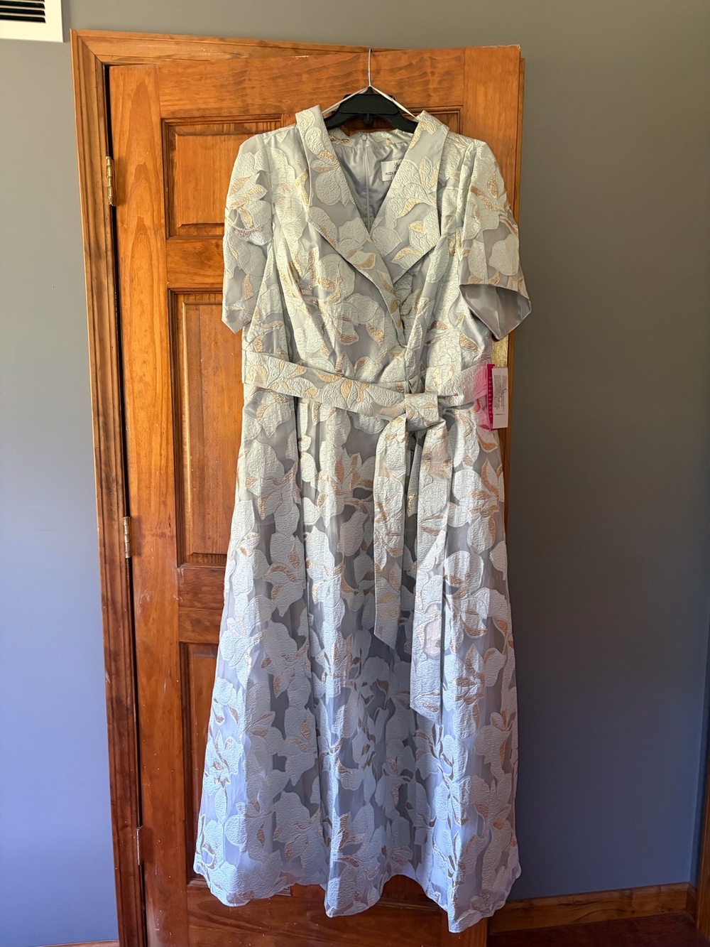 Elegant Light Blue Floral Jacquard Wrap Dress with Belt